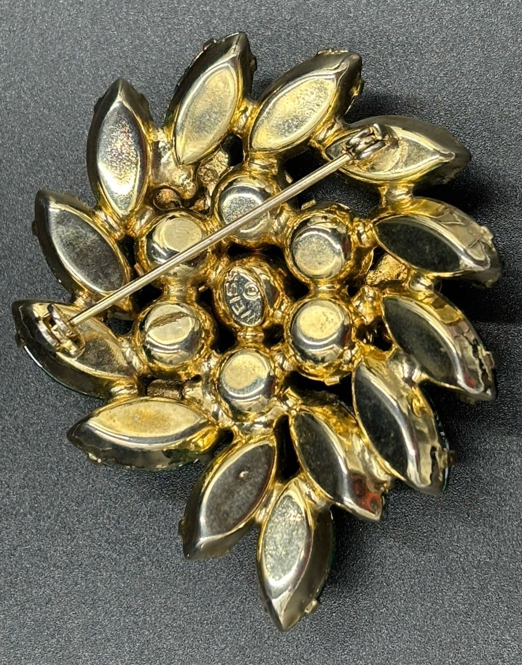 Vintage Weiss Green Rhinestone Brooch Signed Floral Cluster 1950s Jewelry
