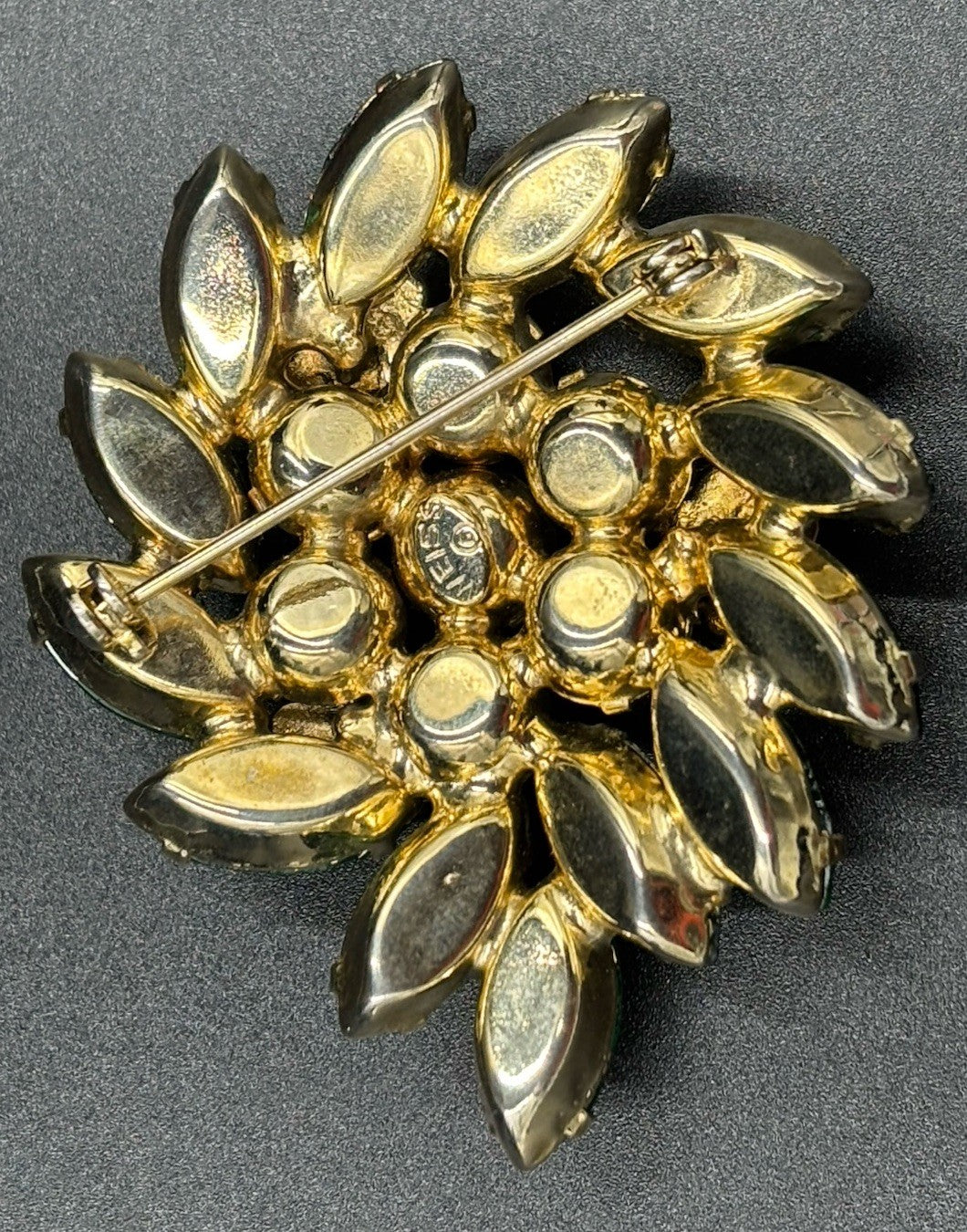 Vintage Weiss Green Rhinestone Brooch Signed Floral Cluster 1950s Jewelry