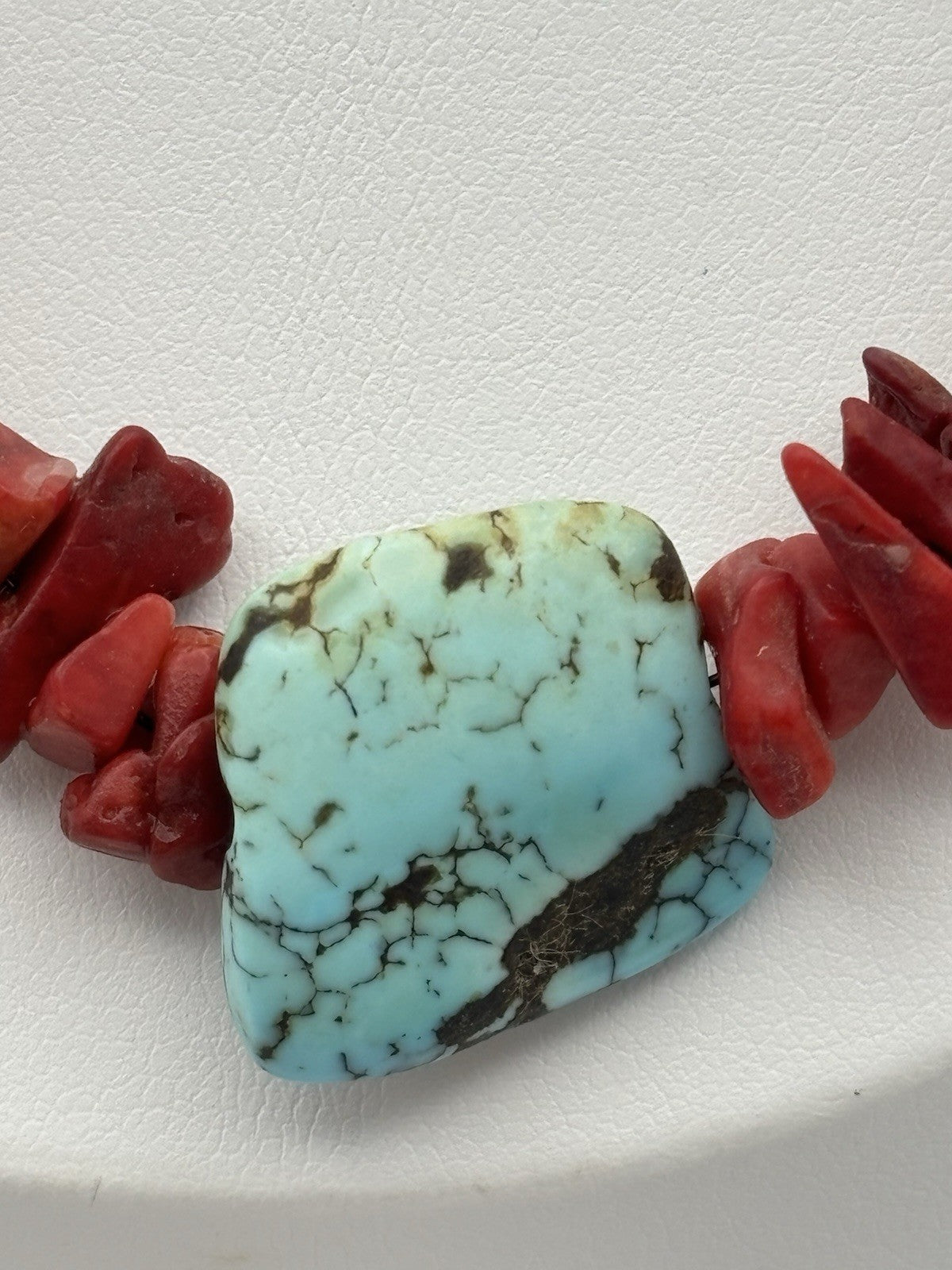 Vintage Red Coral Nugget Necklace Large Natural Turquoise Slab Pendant