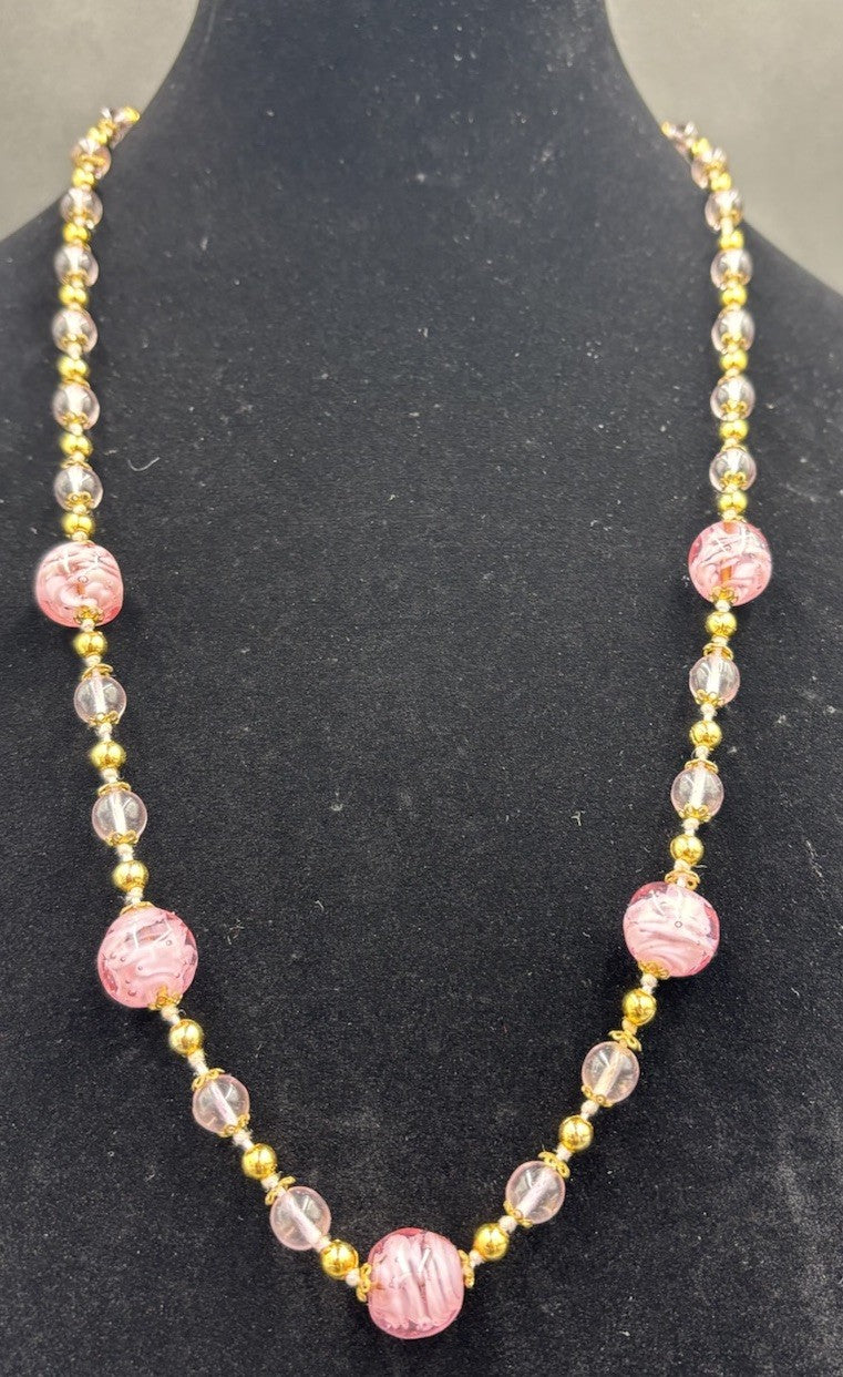 Vintage Italian Venetian Murano Glass Bead Necklace Pink & Purple Gold Lampwork