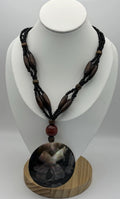 Tribal Shell Pendant Necklace Carved X Design Beaded Wood Black Boho Jewelry