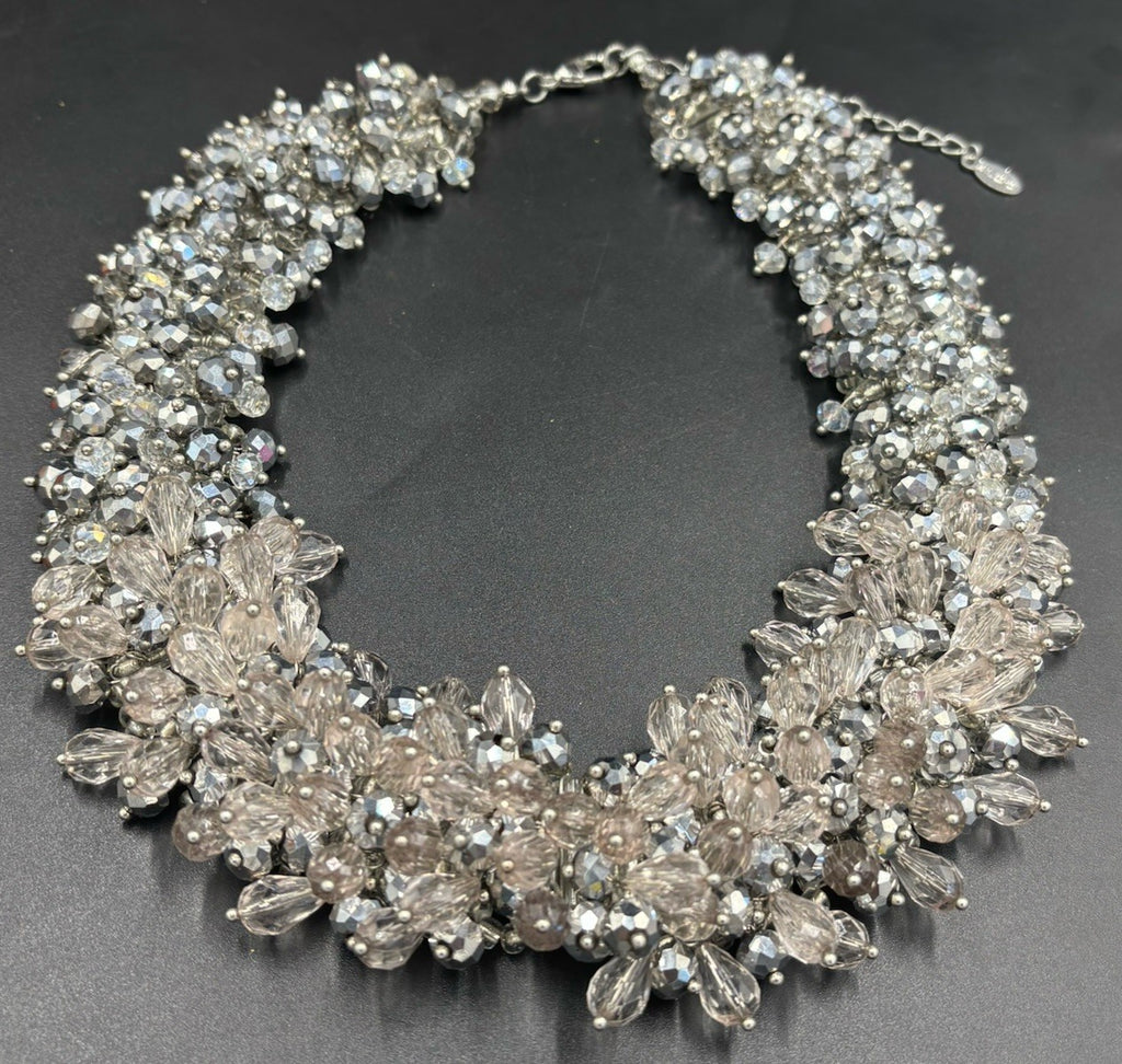 Aldo Silver Tone Statement Cluster Necklace Sparkly Glass Beads