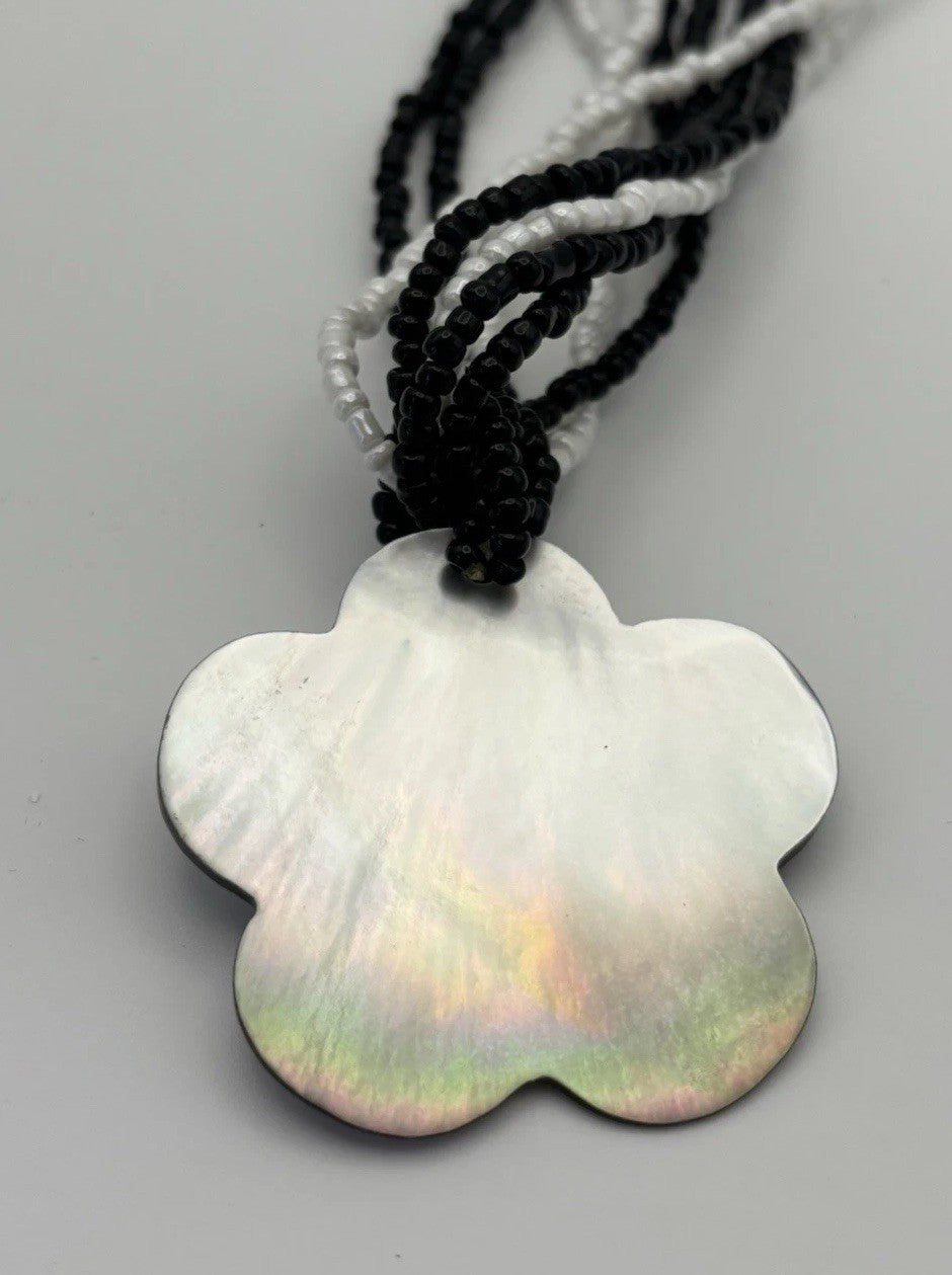 Mother of Pearl Flower Pendant Necklace Black & White Seed Beads