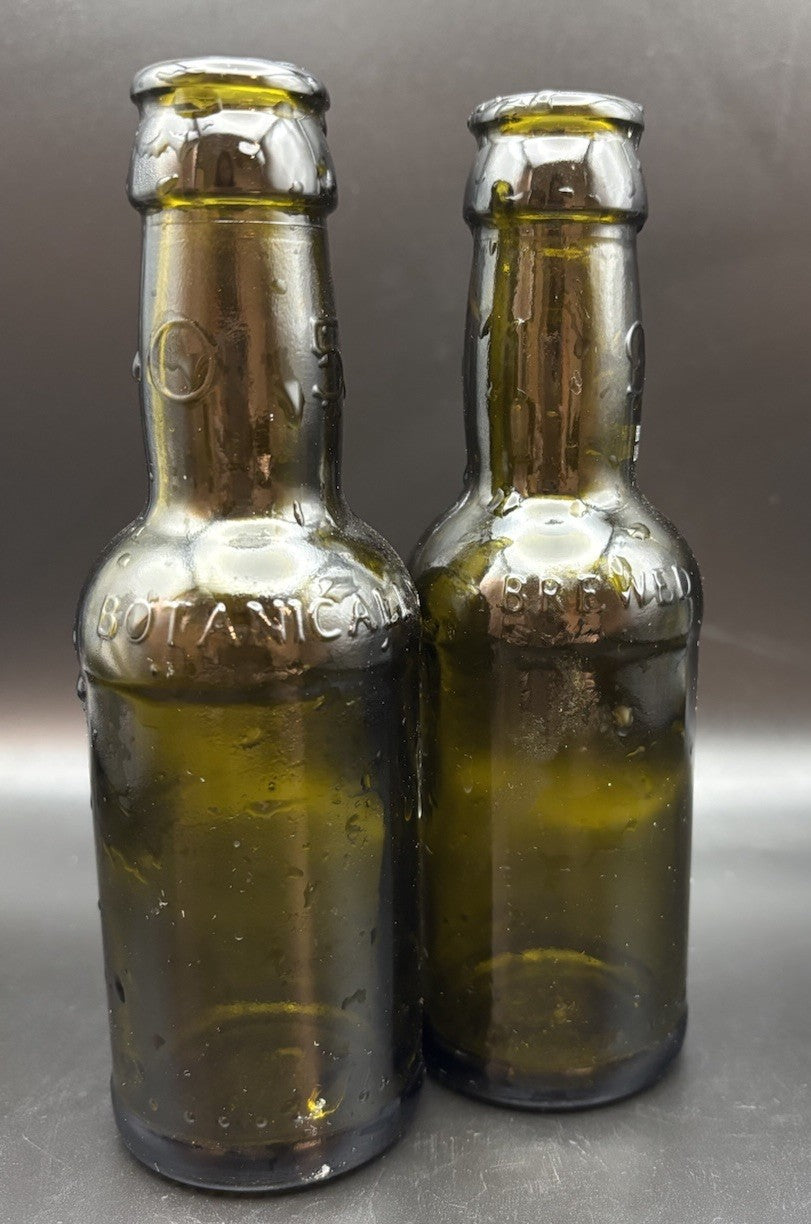 Rustic Olive Green Embossed Brewery Beer Bottles Pair Bar Decor Display ￼