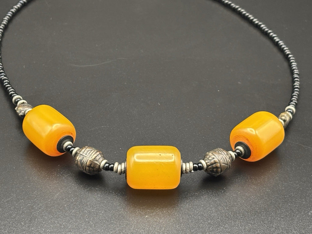 Vintage Butterscotch Bakelite Bead Necklace Bronze Accents