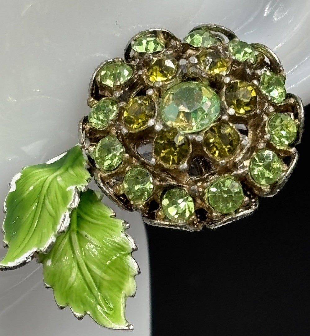 Vintage Green Rhinestone Flower Clip On Earrings Enamel Leaves Mid Century