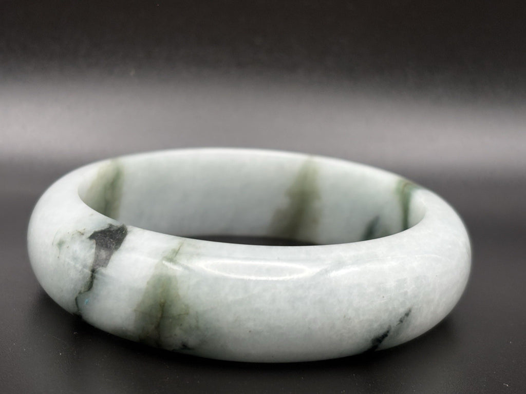 Natural Burmese Jadeite Jade Bangle Moss In Snow Heavy Carved Vintage Bracelet