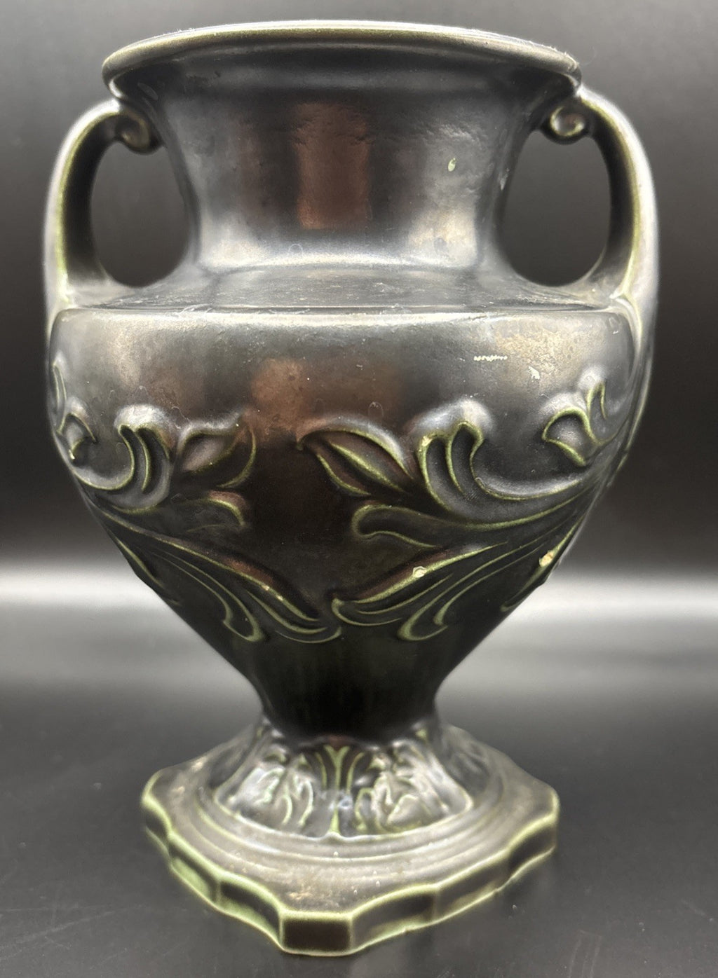 Vintage European Art Nouveau Handled Vase Dark Metallic Glaze Relief Urn