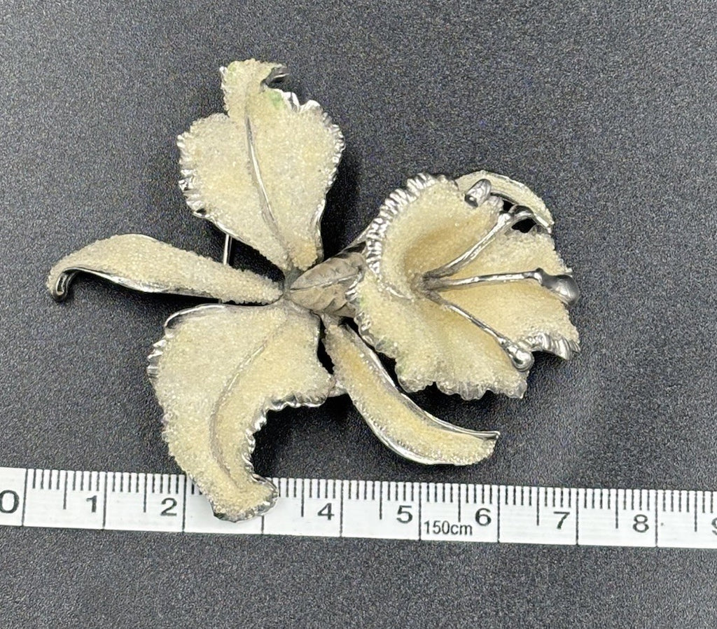 Vtg Arcasas Elizabeth Reimer Coralene  Frosted glass 3D Orchid Brooch Silver T