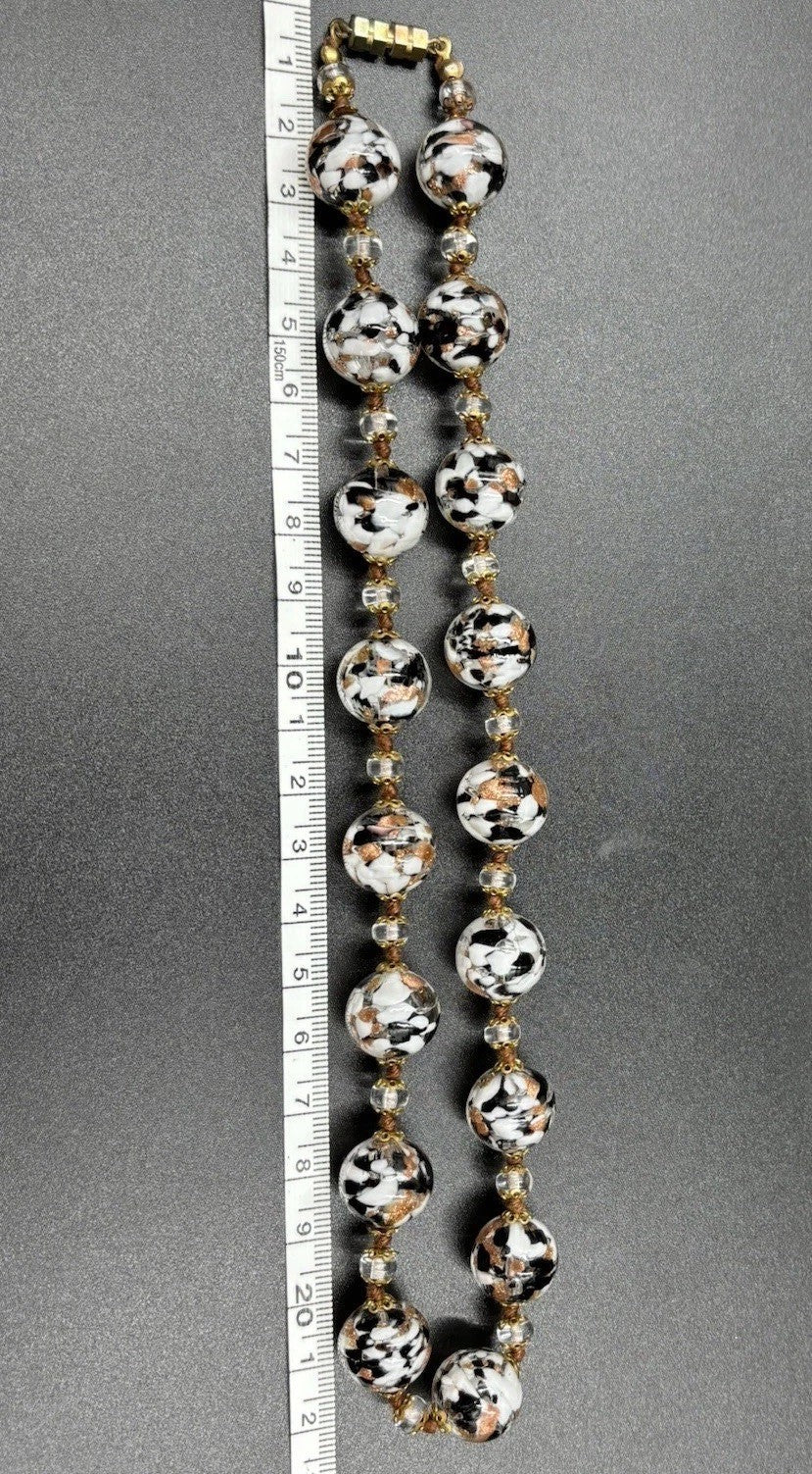 Vintage Murano Glass Venetian White Black Rose Gold Leaf Marble Accents Necklace