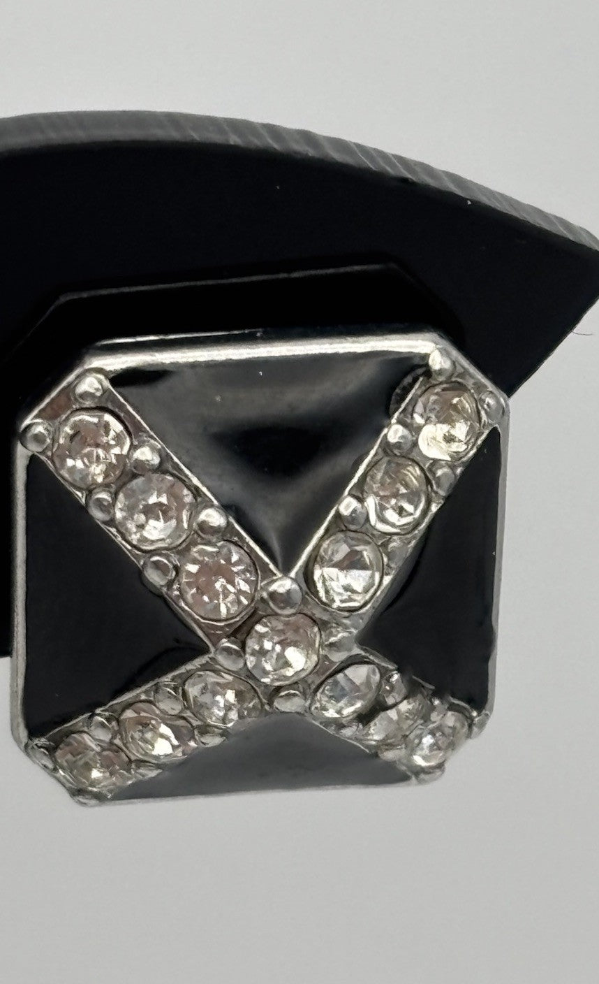 Vintage Monet Signed Black Enamel Rhinestone Stud Earrings