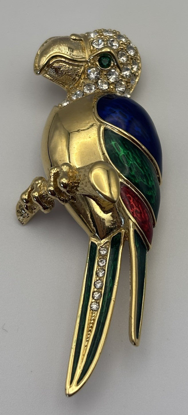 Vintage French Parrot Brooch Gold Tone Enamel & Crystal Bird Pin 7.5cm