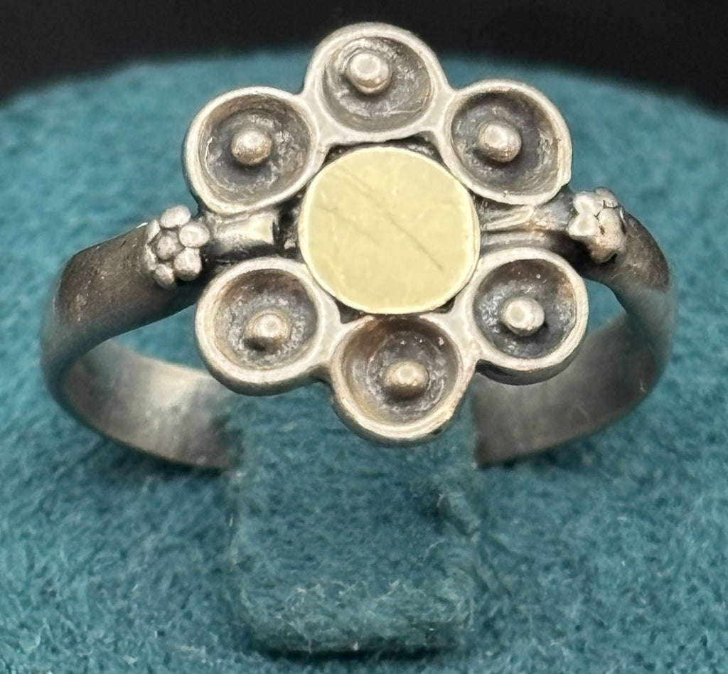 Vintage Scandinavian Sterling Silver Flower Ring Gold Accent Size L M