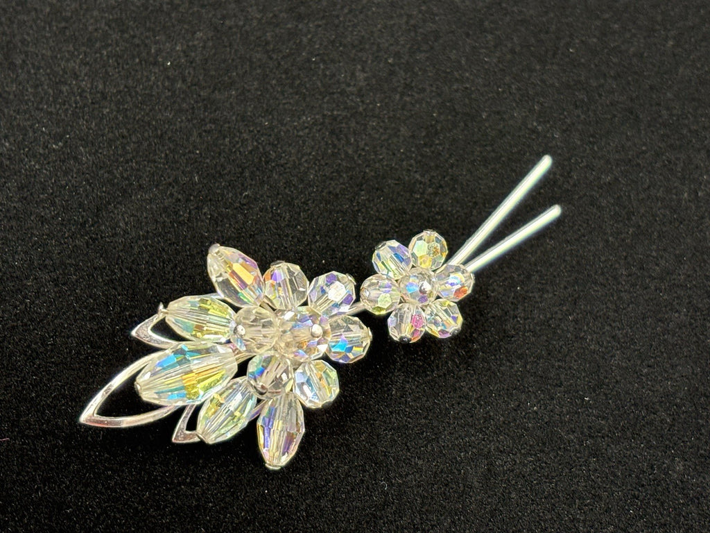 Aurora Borealis Glass Clear Crystal Brooch Flowers Gold Tone  Silver Tone