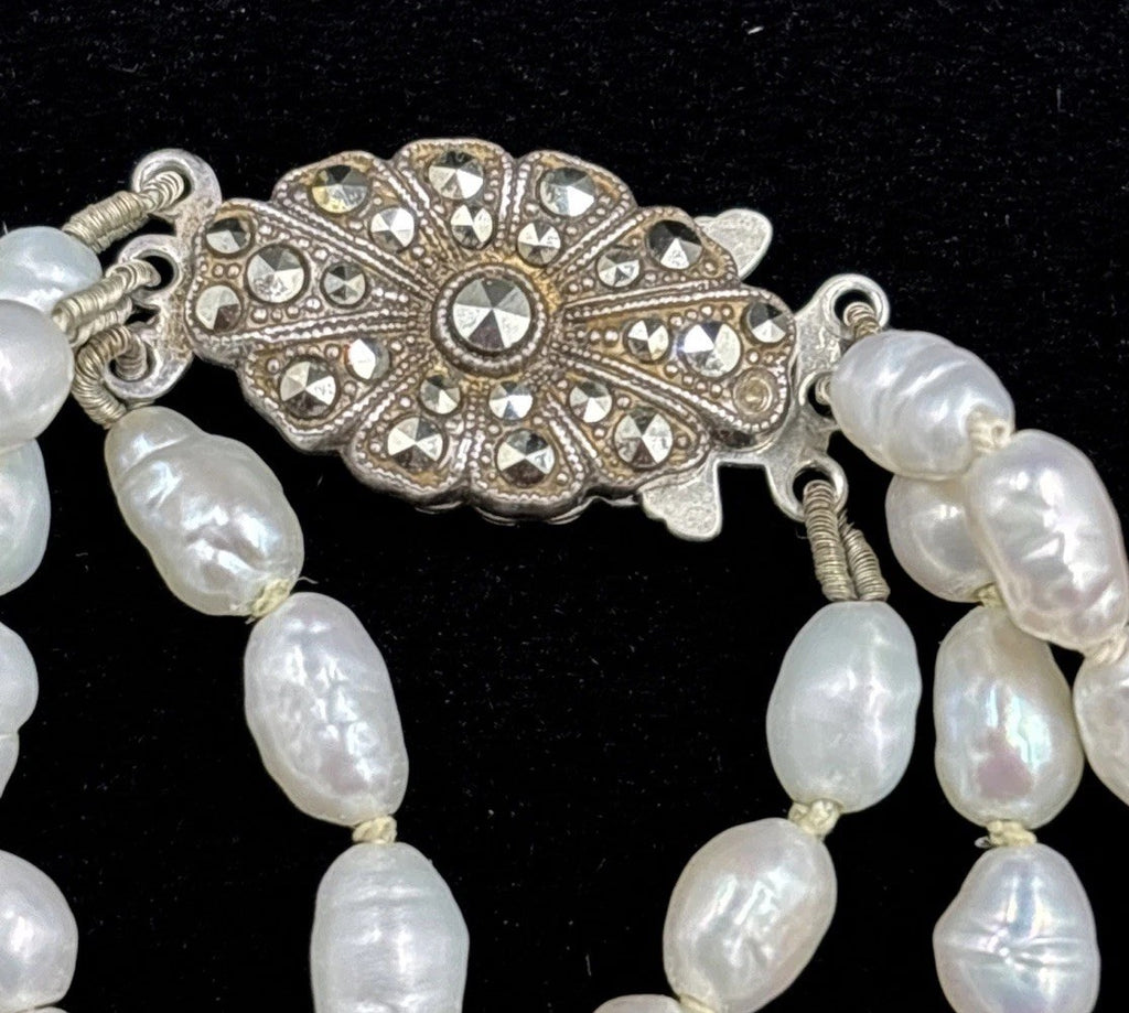 Vintage Baroque Pearl Necklace Bracelet Set 3 Strand Sterling Clasp