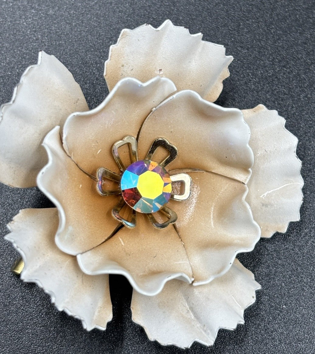 Vintage Blush Peach White Enamel Layered Metal Flower Brooch AB Rhinestone