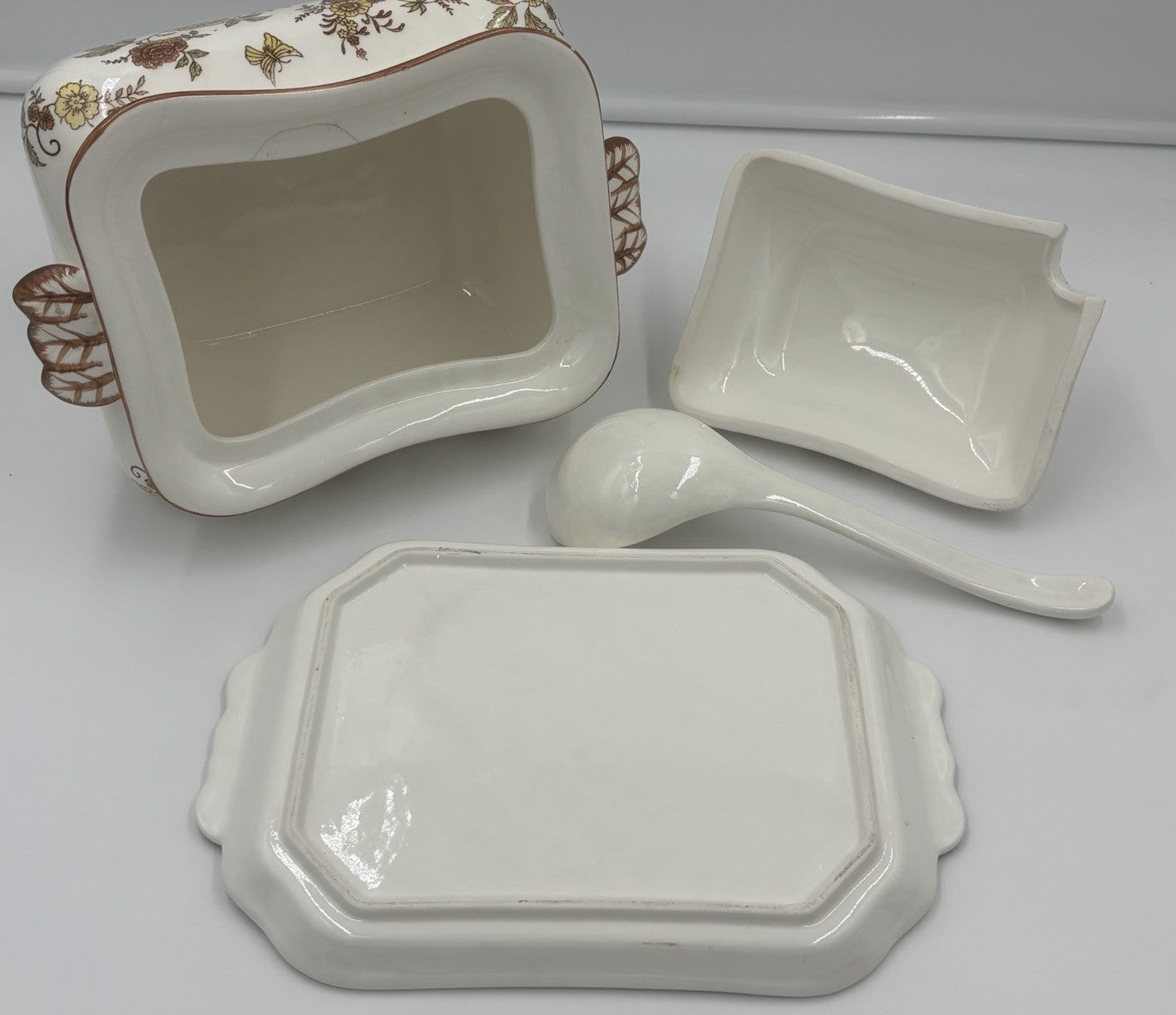Vintage Soup Tureen Set Floral Transferware Lid Tray Ladle Ceramic