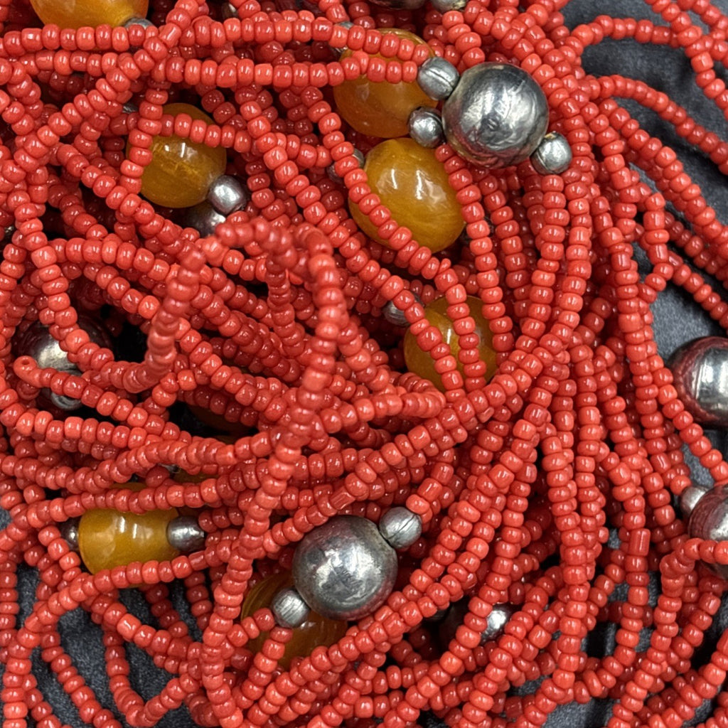 Rare Antique Berber Necklace Carved Bovine Bone Red Beads Tribal Millefiori