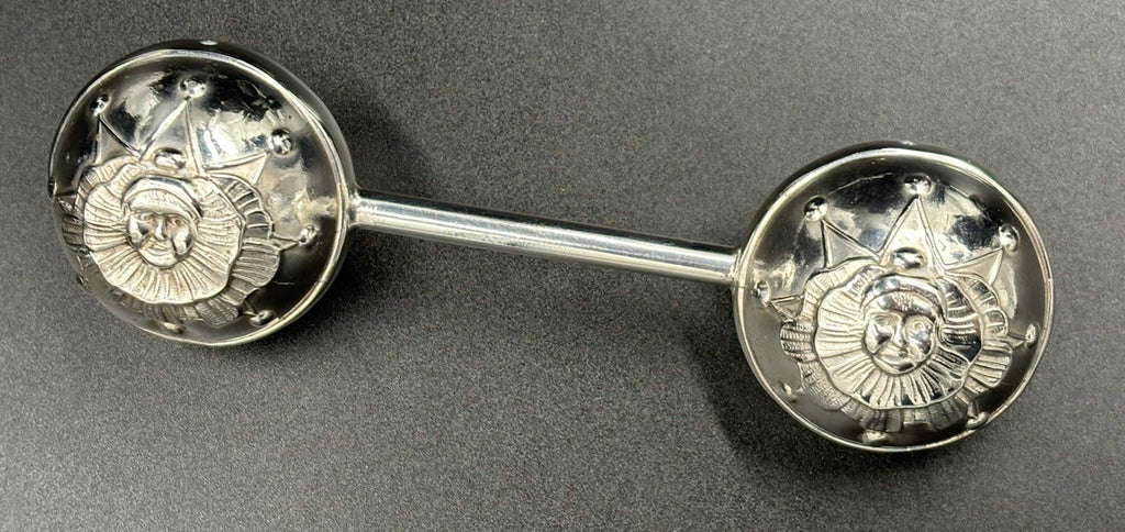 Antique Silver Baby Rattle Celestial Sun Face Repoussé