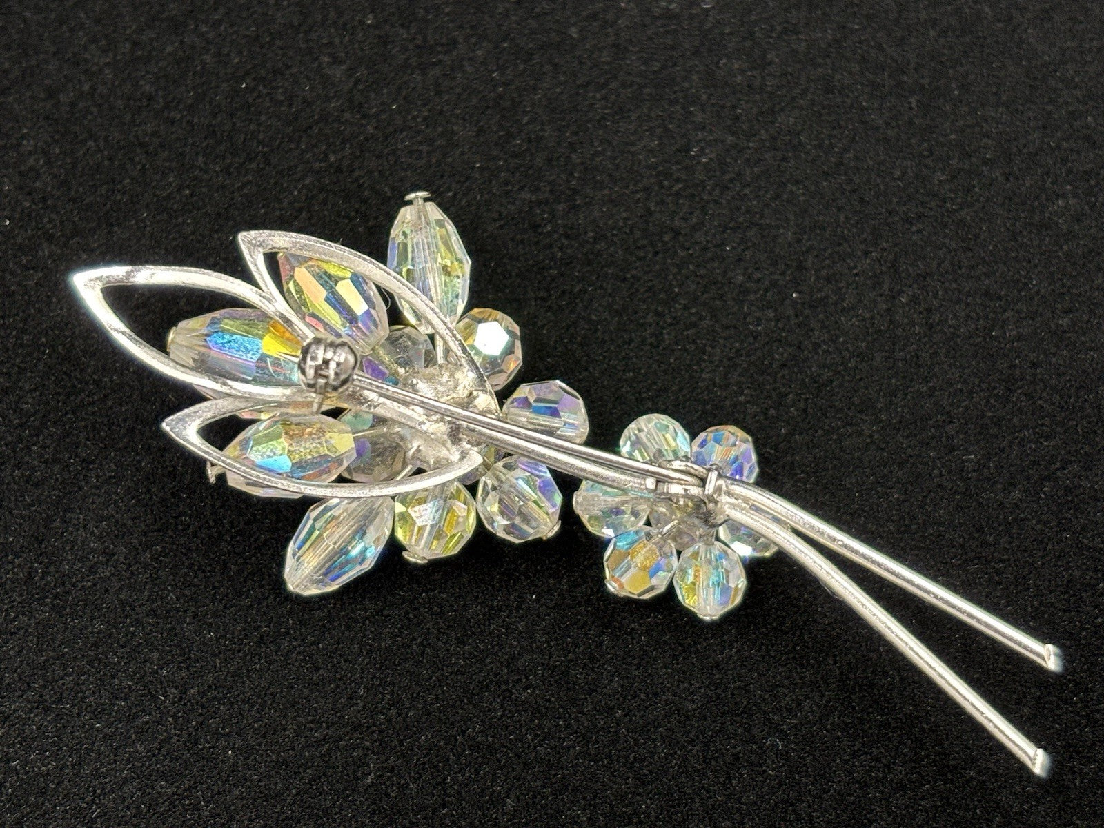 Aurora Borealis Glass Clear Crystal Brooch Flowers Gold Tone  Silver Tone