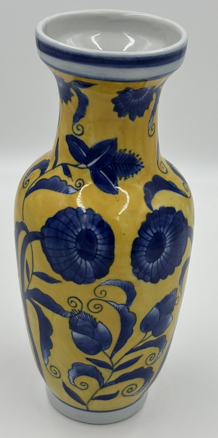 Vtg Chinese Porcelain Vase Yellow & Blue  Floral 20th Century Decorative Pottery