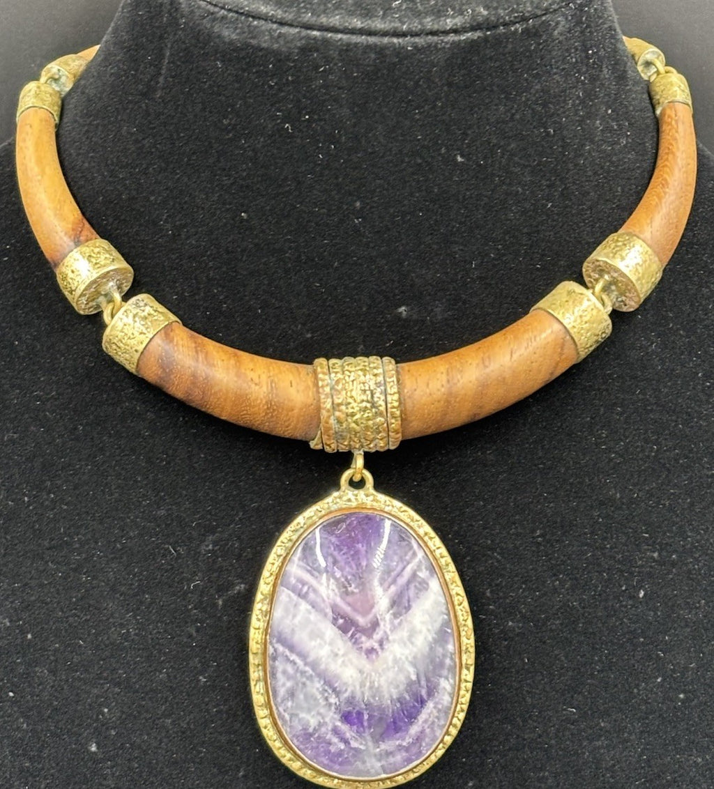 Amethyst Pendant Silver Tone  Wooden Gold Accents Necklace, Handmade “Large”