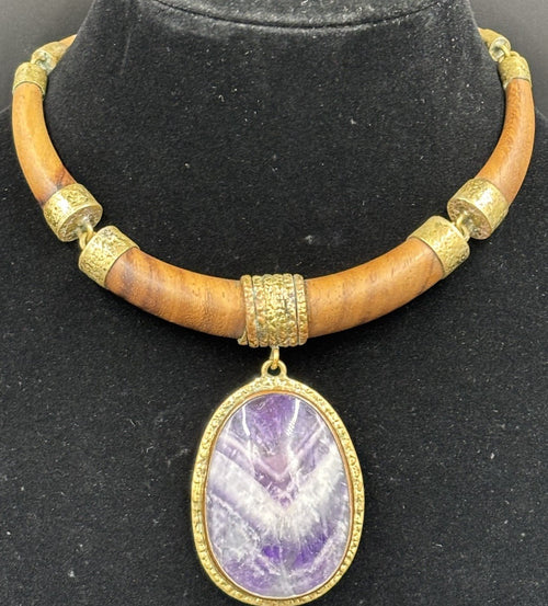 Amethyst Pendant Silver Tone  Wooden Gold Accents Necklace, Handmade “Large”