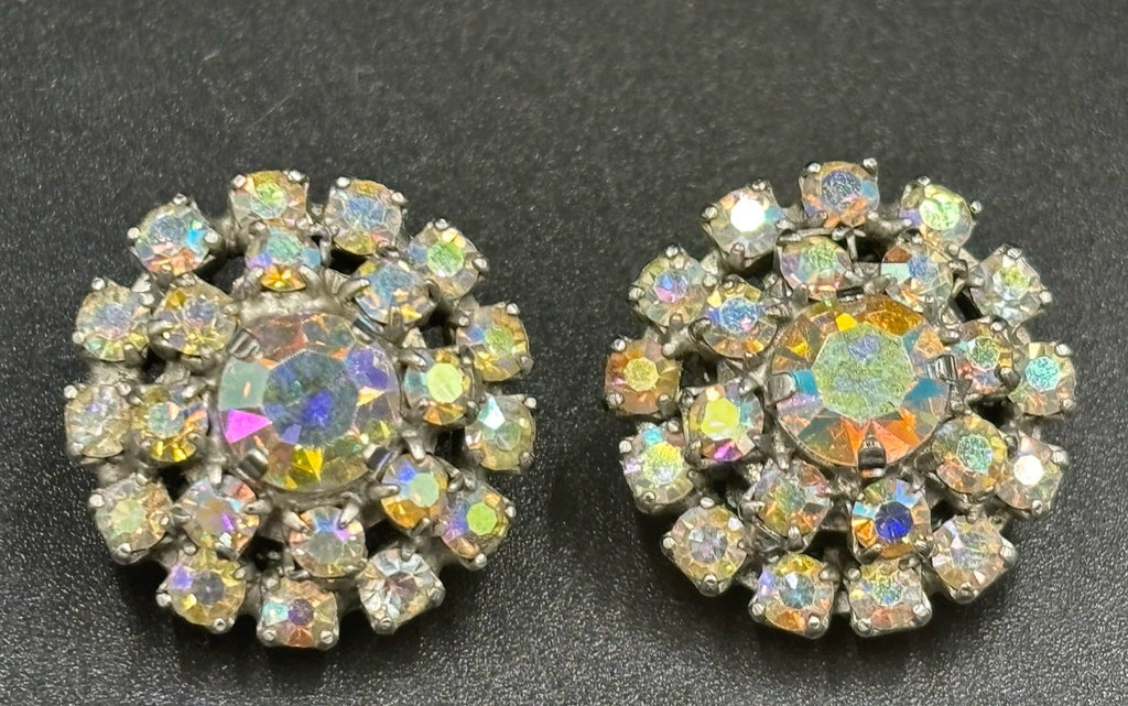 Rare Vintage Aurora Borealis Crystal Cluster Earrings Clip On Couture Statement”