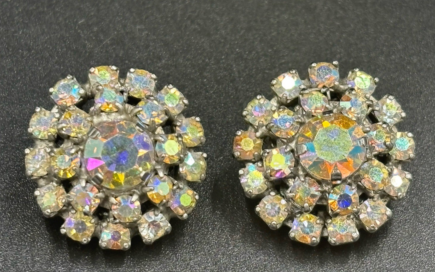 Rare Vintage Aurora Borealis Crystal Cluster Earrings Clip On Couture Statement”