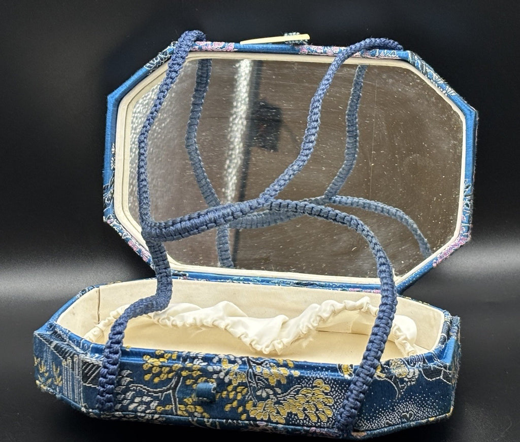 Vintage Chinese Silk Brocade Vanity Box Purse Mirror Case Scenic Motif Blue