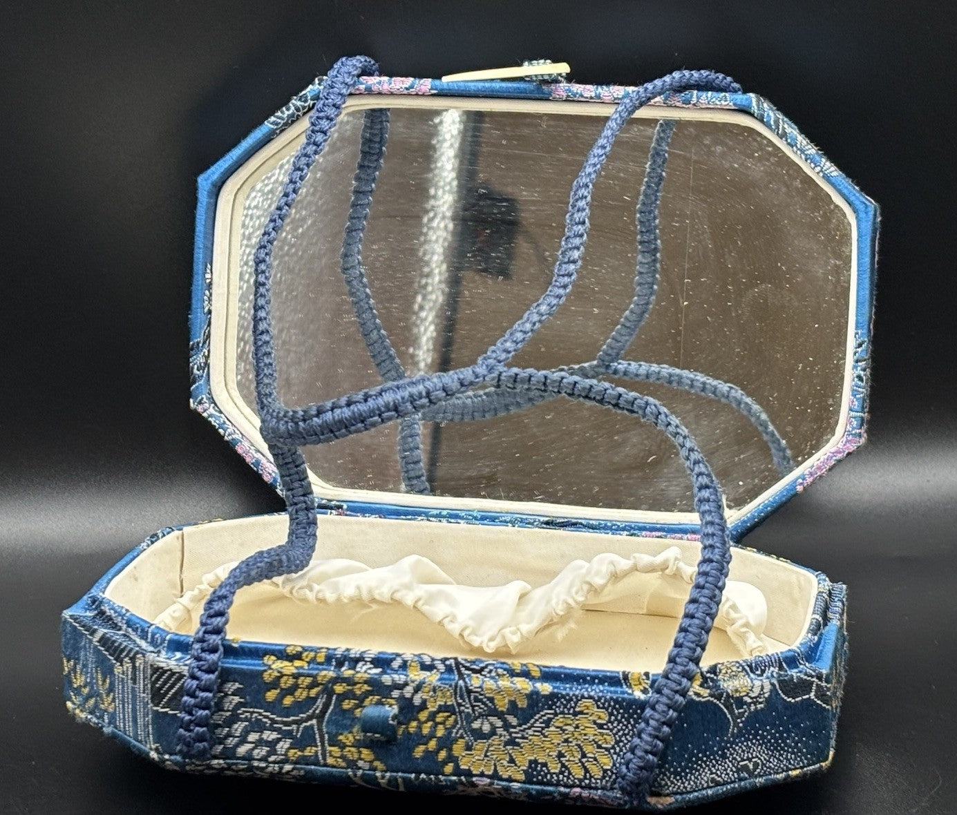 Vintage Chinese Silk Brocade Vanity Box Purse Mirror Case Scenic Motif Blue