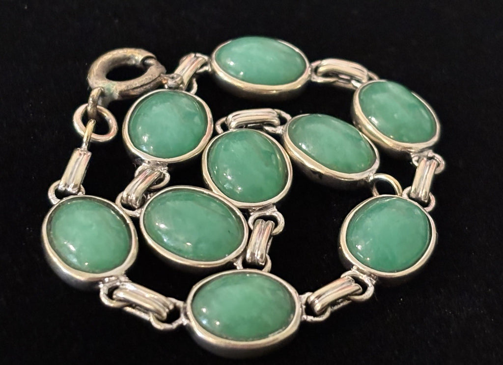 Vintage 10K White Gold Jade Cabochon Link Bracelet Natural Green