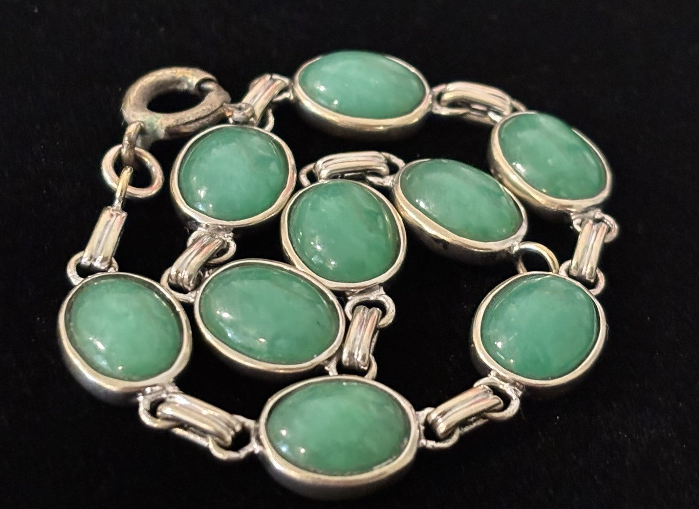 Vintage 10K White Gold Jade Cabochon Link Bracelet Natural Green