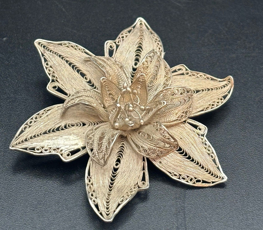 Vintage Sterling Silver Filigree Flower Brooch Large Statement European Handmade