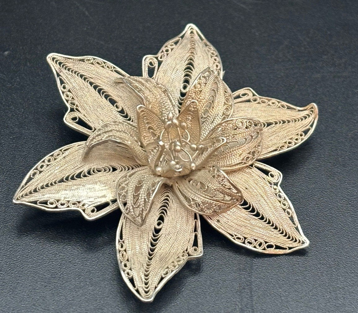 Vintage Sterling Silver Filigree Flower Brooch Large Statement European Handmade