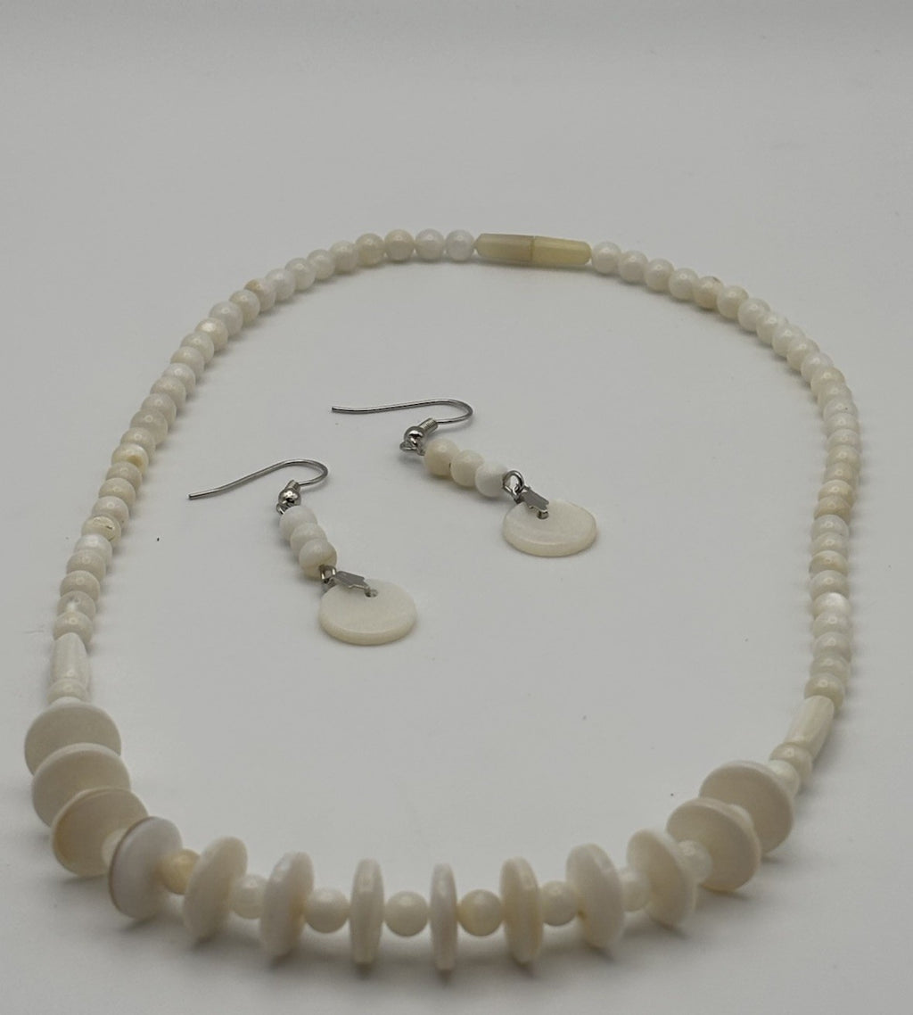 Vintage White Shell Bead Necklace & Earrings Set Natural Organic Jewelry