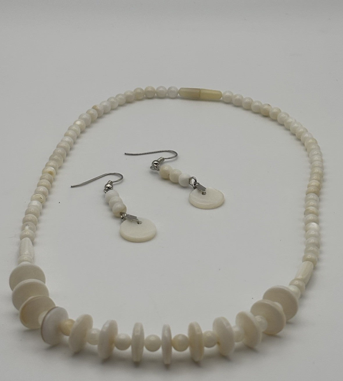 Vintage White Shell Bead Necklace & Earrings Set Natural Organic Jewelry