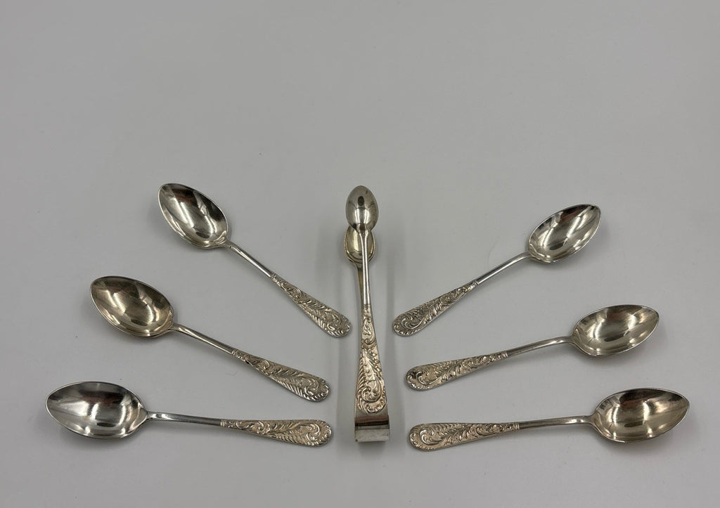 Vintage EPNS Silver Teaspoon Set with Sugar Tongs in Box Ornate Scroll Design