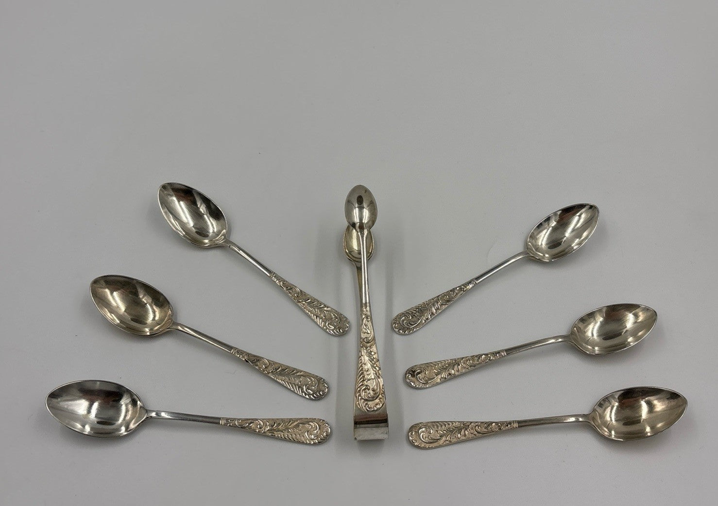 Vintage EPNS Silver Teaspoon Set with Sugar Tongs in Box Ornate Scroll Design