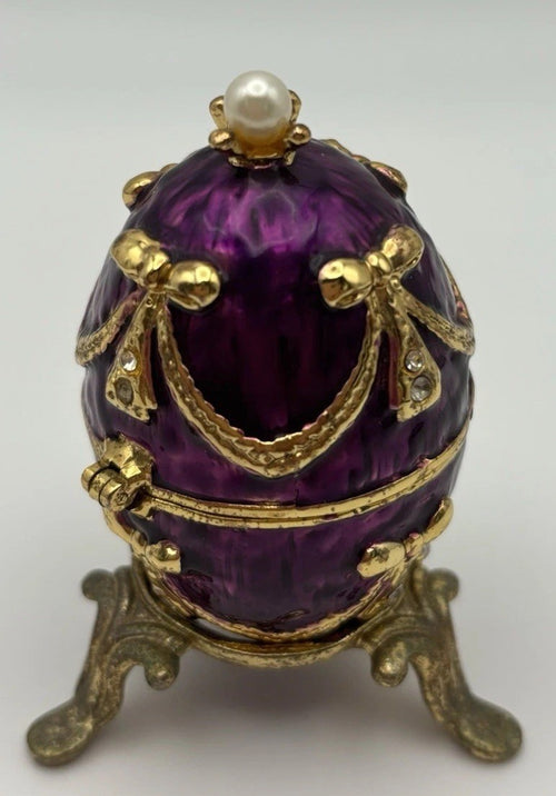 Faberge style purple enamel egg trinket box with pearls and rhinestones