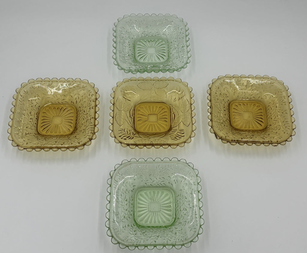 Vintage Uranium Glass Bowl UV Glow Dessert Plates Amber Depression Set