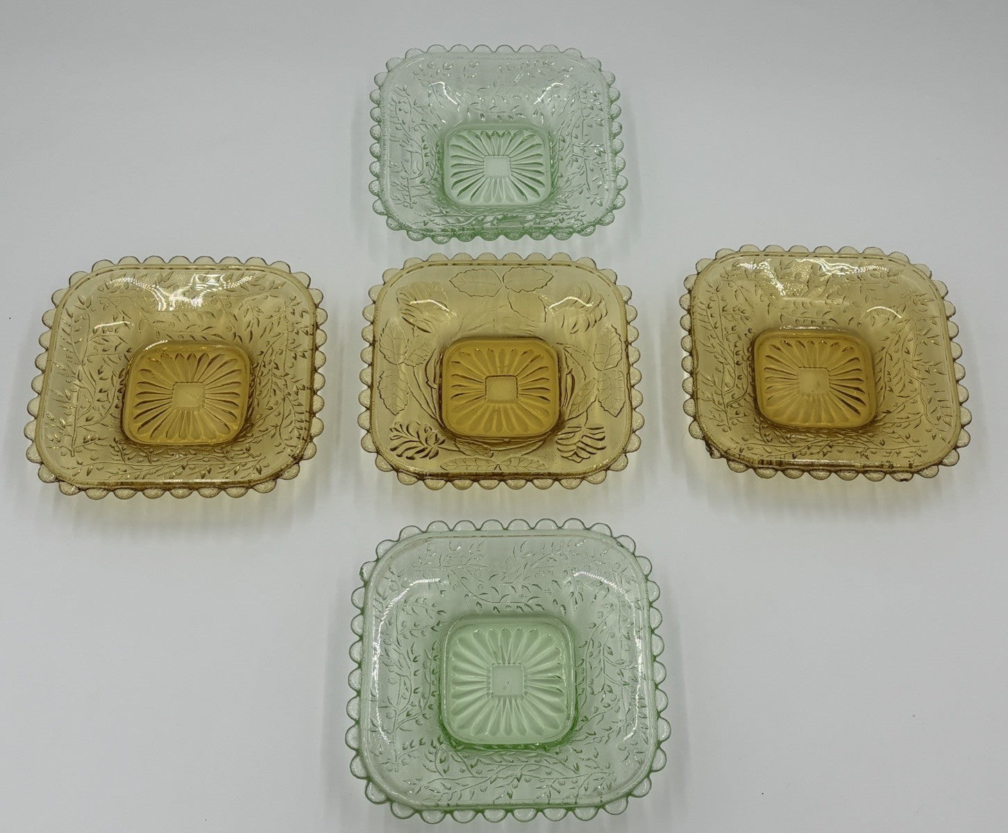 Vintage Uranium Glass Bowl UV Glow Dessert Plates Amber Depression Set