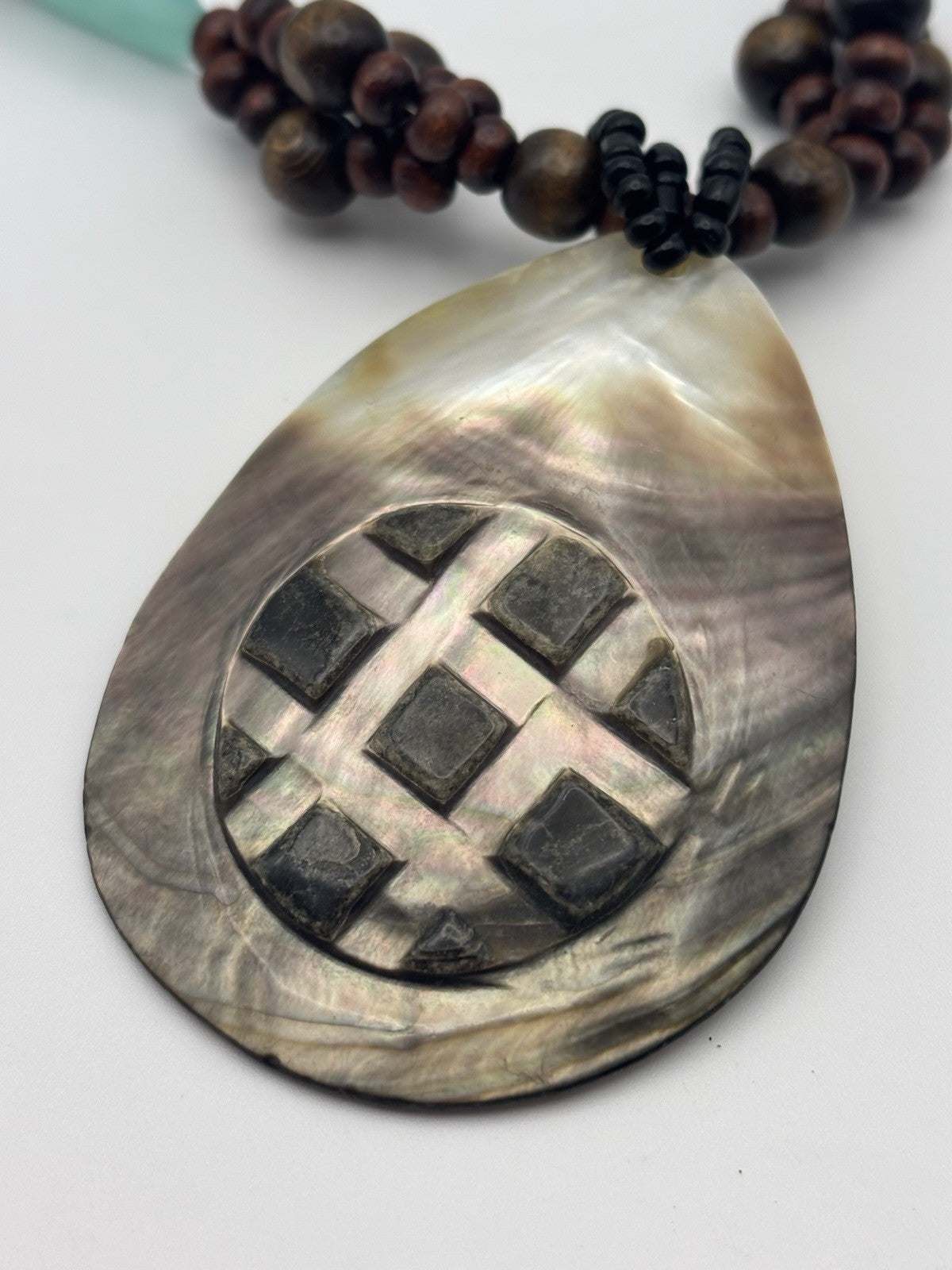 Vintage Tribal Necklace Mother of Pearl Pendant Wood Beads Ethnic Jewelry