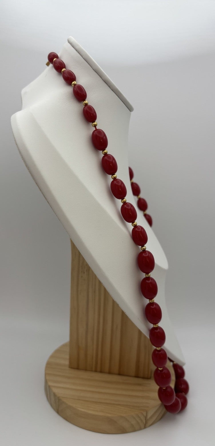 Vintage Monet Red Lucite Bead Necklace Gold Tone Signed Statement Jewelry