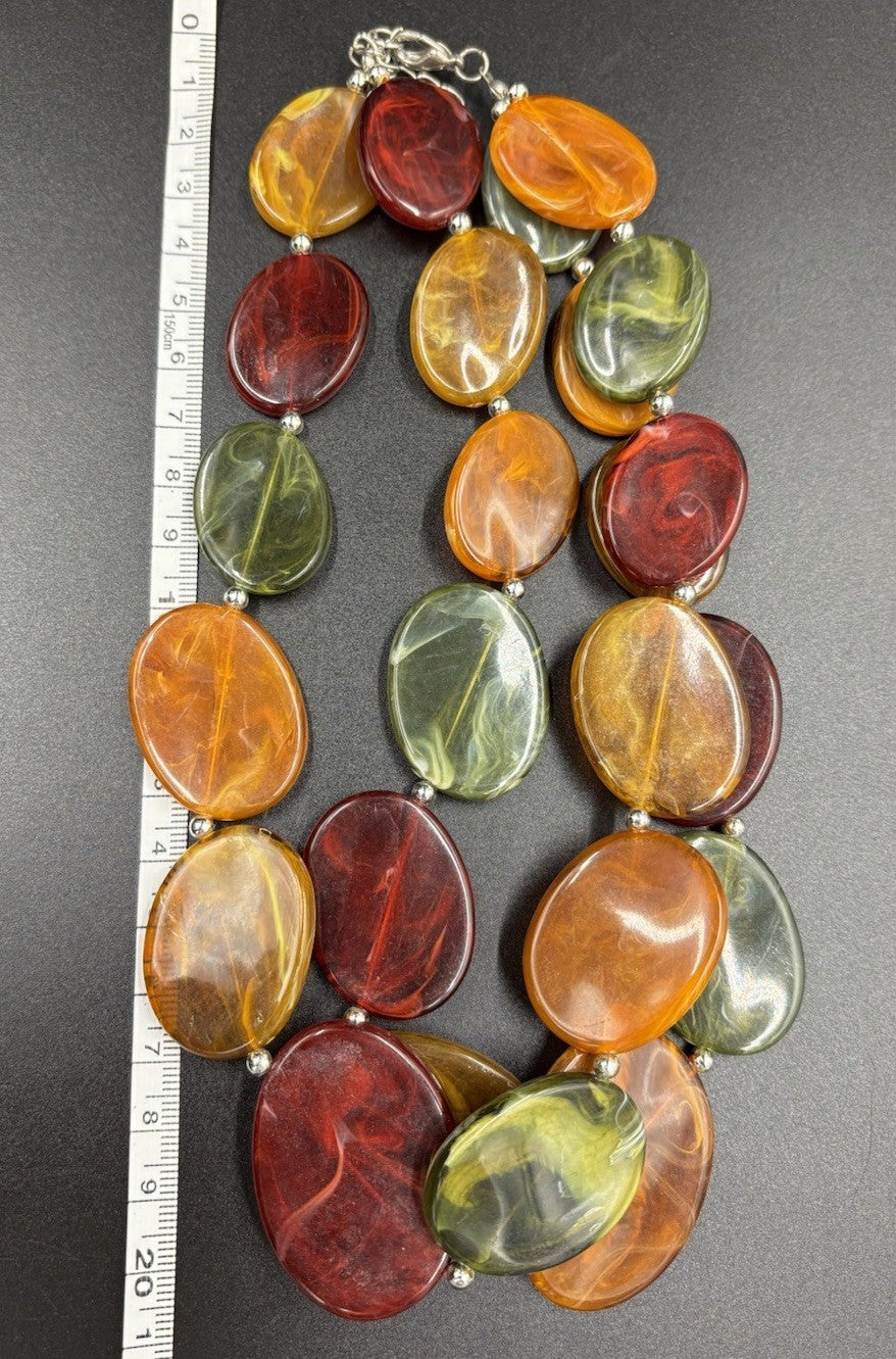 Vintage Chunky Marbled Resin Bead Necklace Green Amber Red Swirl Statement
