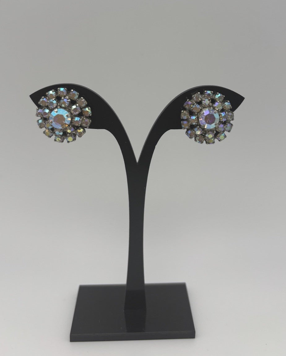 Rare Vintage Aurora Borealis Crystal Cluster Earrings Clip On Couture Statement”