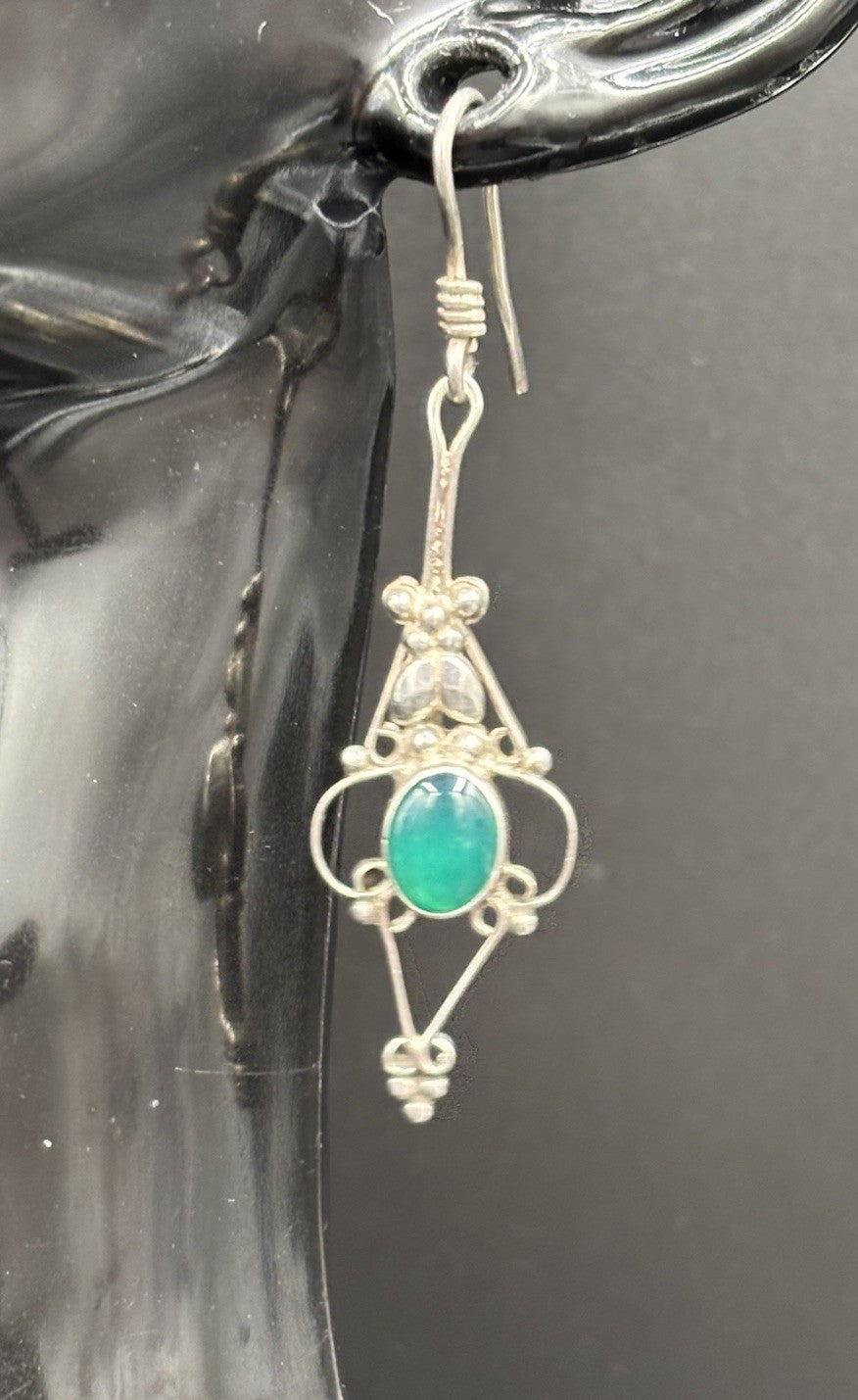 Vintage Sterling Silver Green Onyx Earrings Boho Filigree Dangle 925