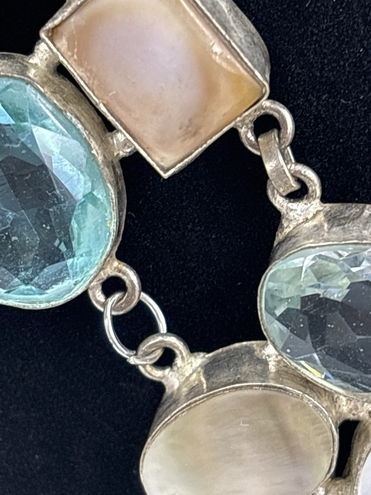 Artisan Multi Stone Bib Necklace Aqua Teal Green Glass Mother of Pearl Handmade