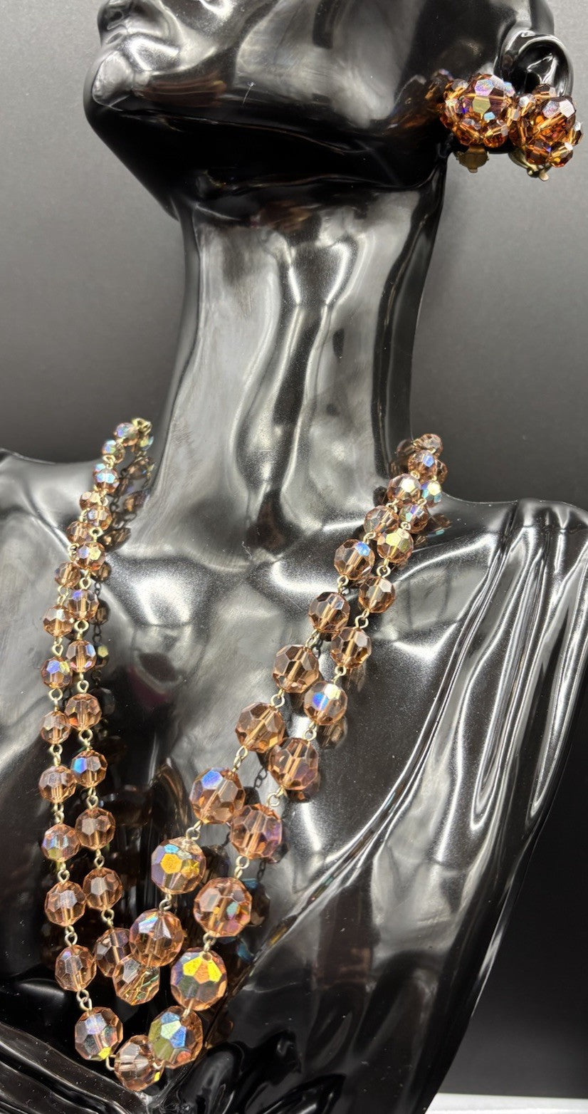 Vtg Aurora Borealis Champagne Crystal Necklace & Clip On Earring Set Gold Tone