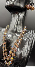 Vtg Aurora Borealis Champagne Crystal Necklace & Clip On Earring Set Gold Tone